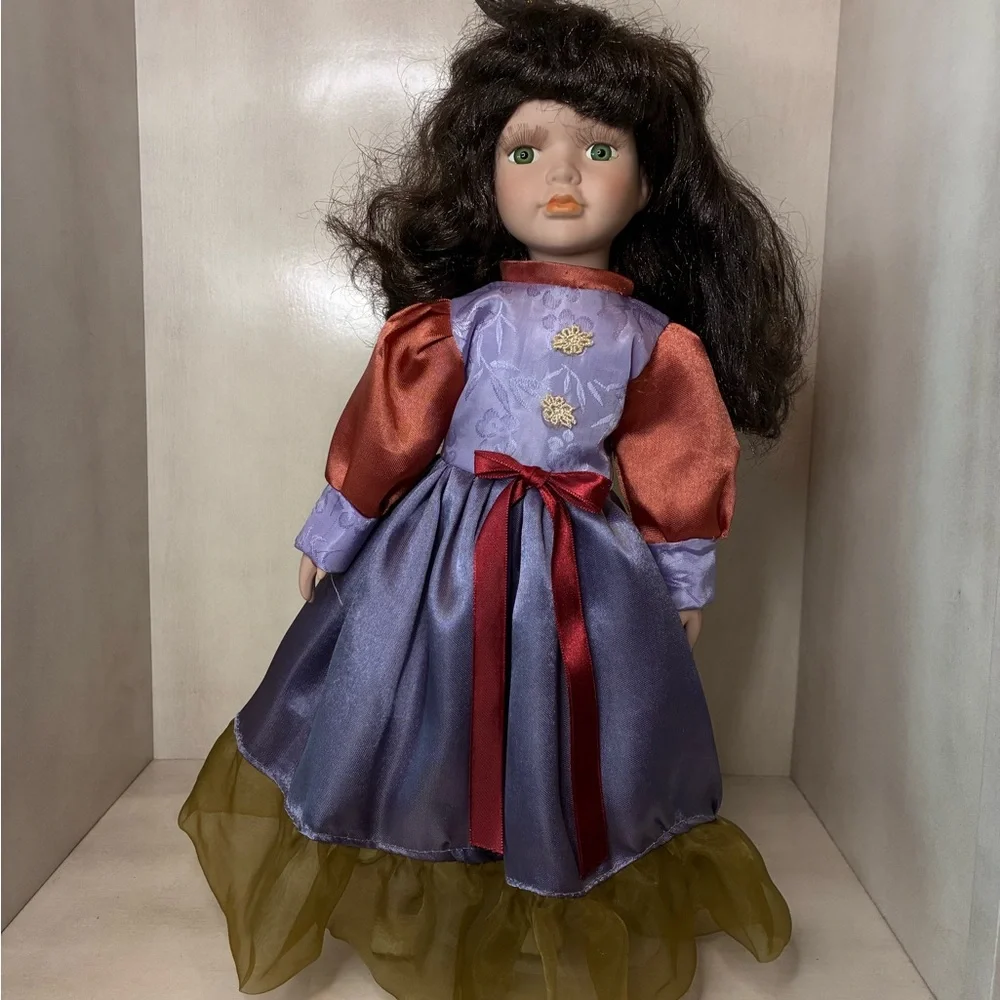 Purple and Rust Satin Dress Porcelain Doll with Olive Tulle Skirt
